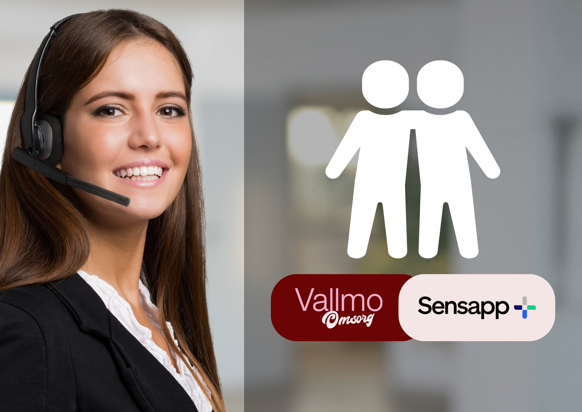 Tii vänster en kvinnlig medarbetare på trygghetscentralen och till höger en symbol för Vallmo omsorg och Sensapp i samarbete.
